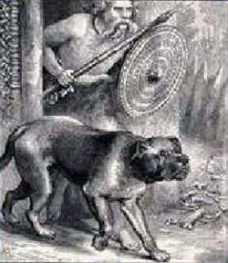 Wood block print of the Celts in Gaul with "barbarian" Mastiff War Dog. (approx. 86 B.C.) 